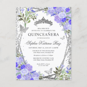 Modern Blommigt Lila Silver Grått Tiara Quinceañer Vykort