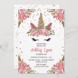 Modern Blommigt Magic Unicorn 1:a födelsedag Inbjudningar