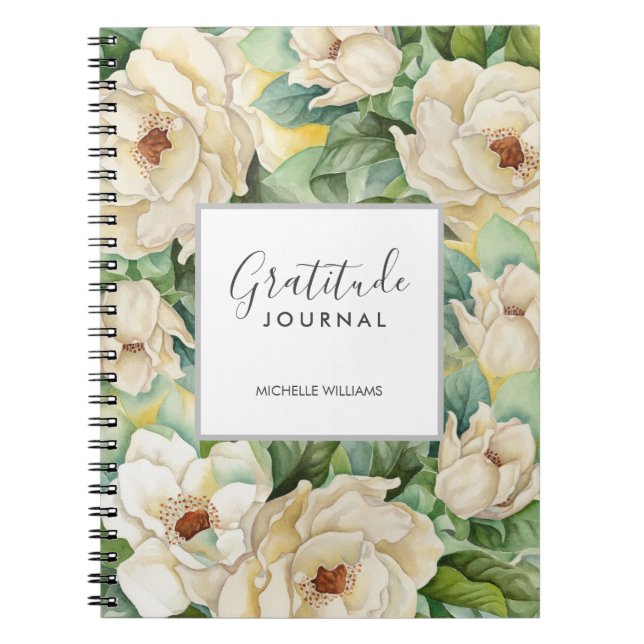 Modern Blommigt Magnolia Gratitude Journal Namn Anteckningsbok (Framsidan)