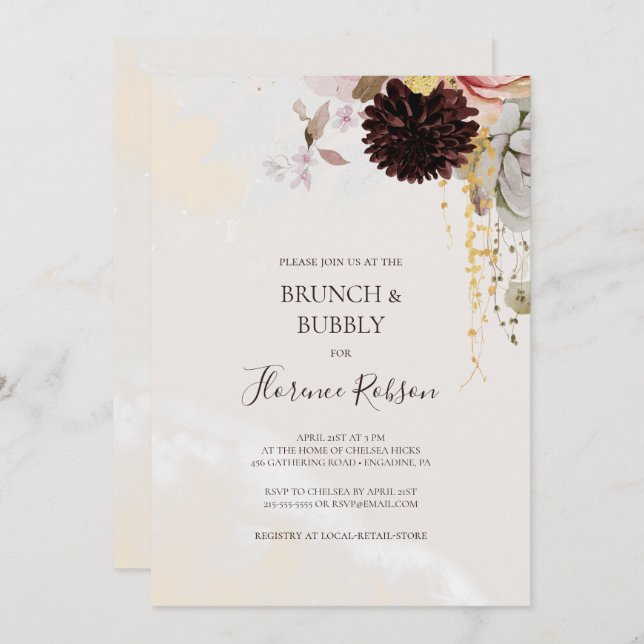 Modern  Blommigt | Marble Brunch och Bubly Inbjudningar (Fram/baksida)