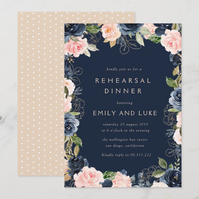 Modern blommigt marin och  repetitionsmiddag inbjudningar (Fram/baksida)