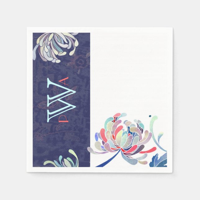 Modern Blommigt, marinblå Bröllop Pappersservett (Framsidan)