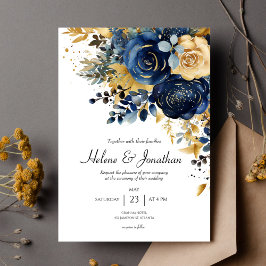 Modern Blommigt, marinblå Guld Elegant bröllop Inbjudningar