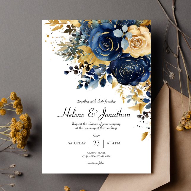 Modern Blommigt, marinblå Guld Elegant bröllop Inbjudningar (Modern Floral Navy Blue Gold Wedding Invitation)
