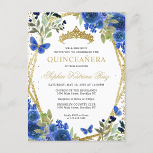 Modern Blommigt, marinblå Guld Tiara Quinceañera Vykort