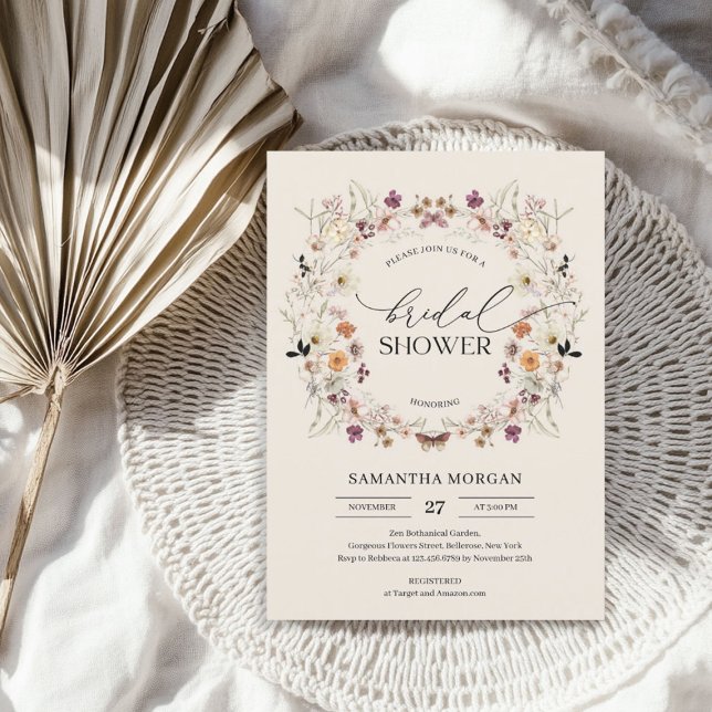 Modern blommigt-Möhippa för vilda blommor Inbjudningar (Modern floral wildflowers wreath Bridal Shower Invitation)