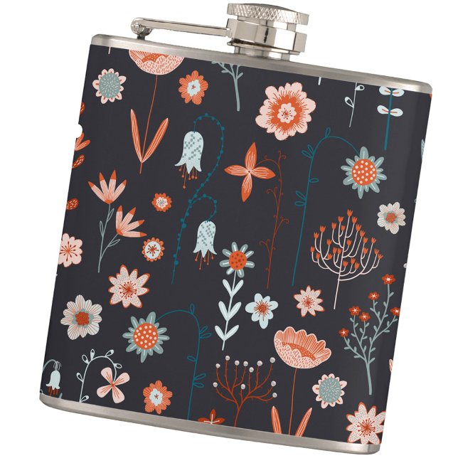 Modern Blommigt Mörk Fickplunta (Dark floral wildflower Scandinavian hip flask)