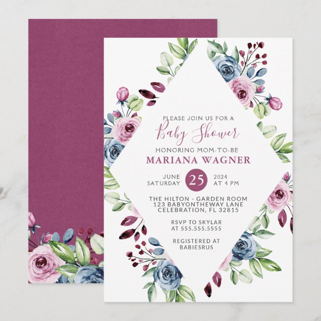 Modern Blommigt Navy Burgundy Baby Shower Inbjudningar (Fram/baksida)