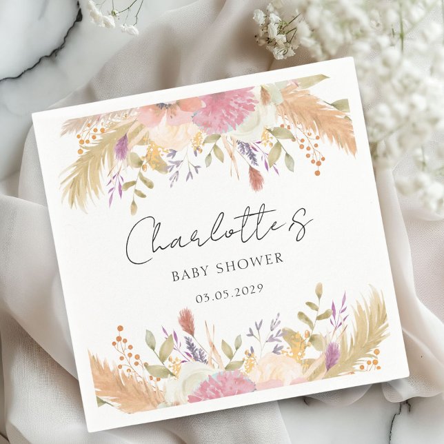 Modern blommigt pappersservett (Elegant, modern, floral, pastel tones, baby shower napkin with your name and date.)