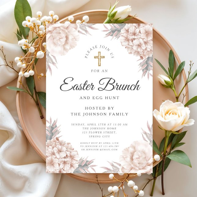 Modern Blommigt Peonies Religiösa Påsk Brunch Inbjudningar (Modern Floral Peonies Religious Easter Brunch Invitation)