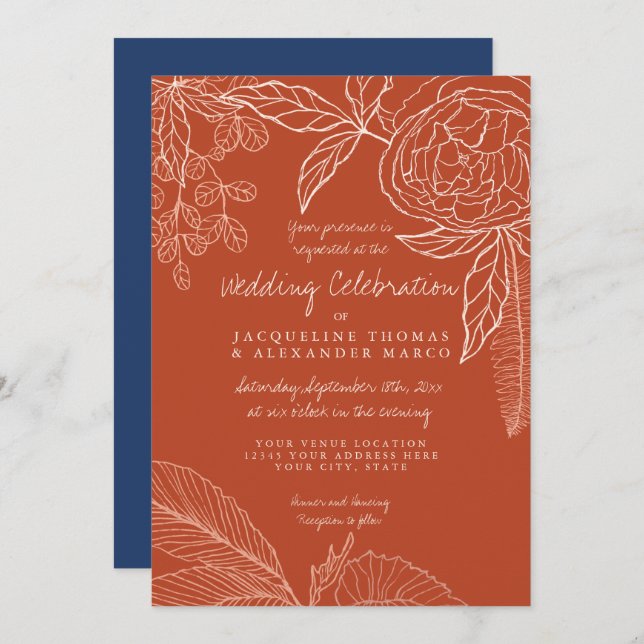Modern Blommigt Peony Line Art Navy Orange Löv Inbjudningar (Fram/baksida)