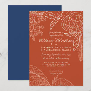 Modern Blommigt Peony Line Art Navy Orange Löv Inbjudningar