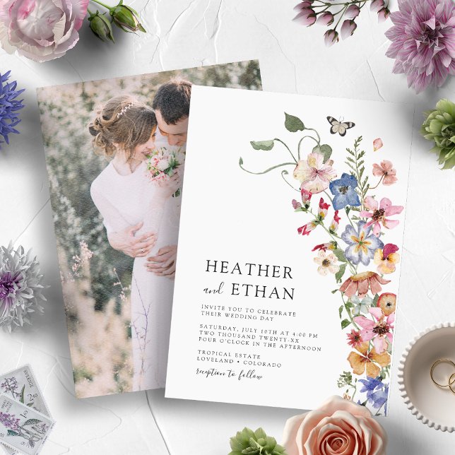 Modern Blommigt Photo Bröllop Inbjudningar (Watercolor Colorful Wildflower Wedding Invitation with Engagement Photo by Painted Paperie)