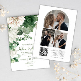 Modern Blommigt Photo QR Code Emerald Grönt Bröllo Inbjudningar