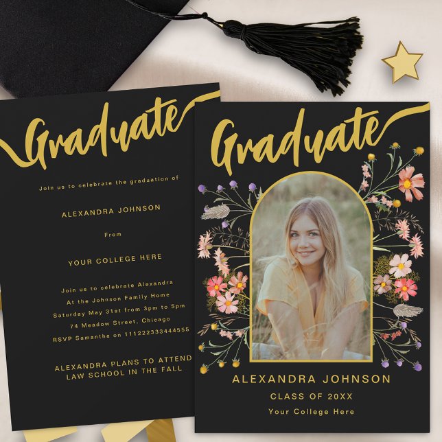 Modern Blommigt Photo Studenten Announcement Party Inbjudningar (Modern photo arch wildflower graduation announcement party invitation elegant gold script)