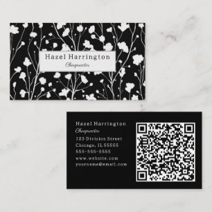 Modern Blommigt QR Affärskort Black and White Visitkort