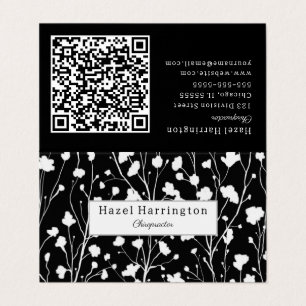 Modern Blommigt QR-Affärskort, svart vitt Visitkort