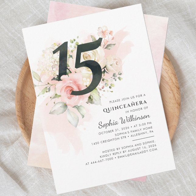 Modern Blommigt Quinceanera 15:e födelsedagens Ros Inbjudningar (Quinceanera 15th Birthday Pink Floral Party Invitation)