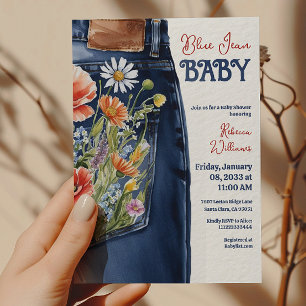 Modern Blommigt Red Blue Denim Blue Jean Baby Show Inbjudningar