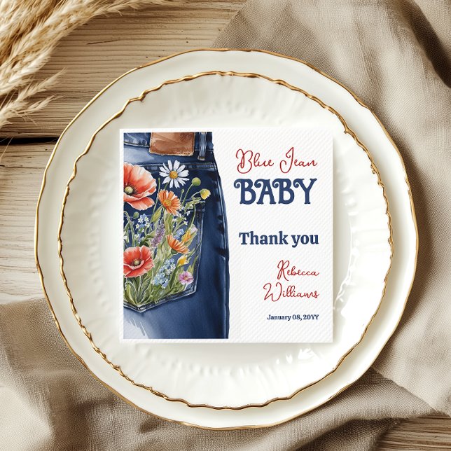 Modern Blommigt Red Blue Denim Blue Jean Baby Show Pappersservett (Skapare uppladdad)