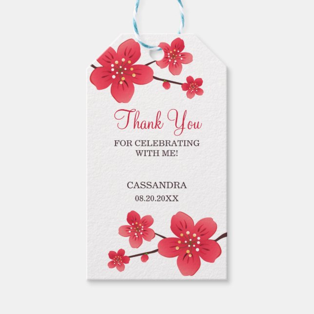 Modern Blommigt Red Cherry Blommar Sakura Tack Presentetikett (Framsidan)