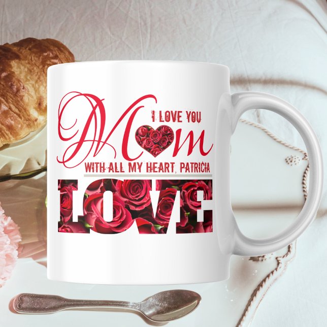 Modern Blommigt Red Heart I Kärlek You Mamma Mors  Kaffemugg (Skapare uppladdad)