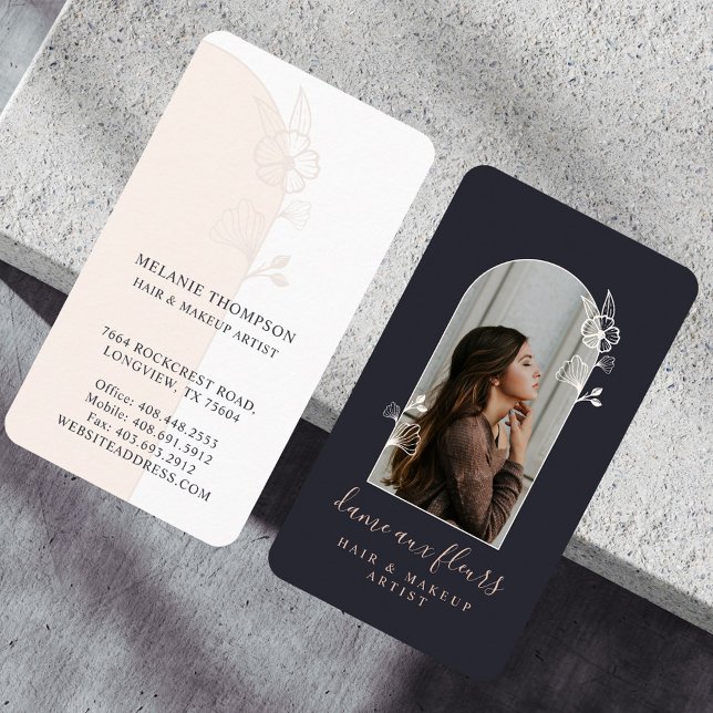 Modern Blommigt Ro Beauty Photo Arch Black Visitkort (Modern Floral Rose Beauty Photo Arch Black Business Card)