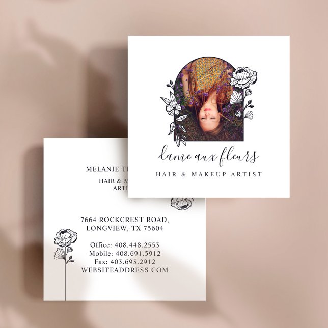 Modern Blommigt Ro Beauty Photo Arch White Fyrkantigt Visitkort (Modern Floral Rose Beauty Photo Arch White Square Business Card)