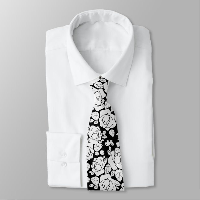 Modern Blommigt Ro Black and White Neck Tie Slips (Bunden)
