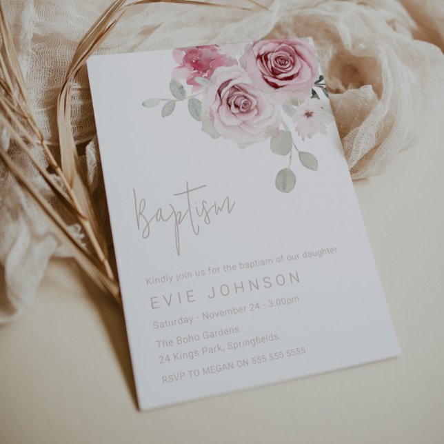 Modern  Blommigt Ro Watercolor Baptism Inbjudningar (Skapare uppladdad)