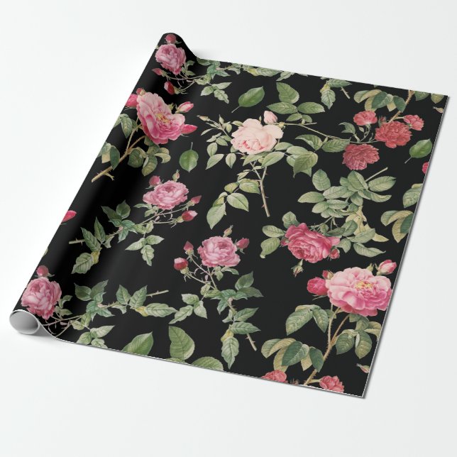 Modern Blommigt Rosa Black Ro Presentpapper (Utrullad)