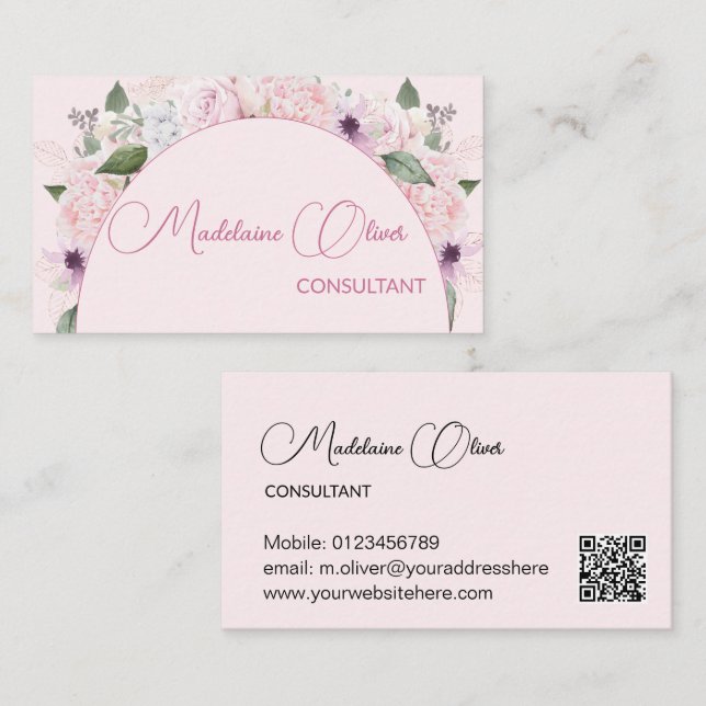 Modern Blommigt Rosa Elegant Feminine QR-kod Visitkort (Fram/baksida)