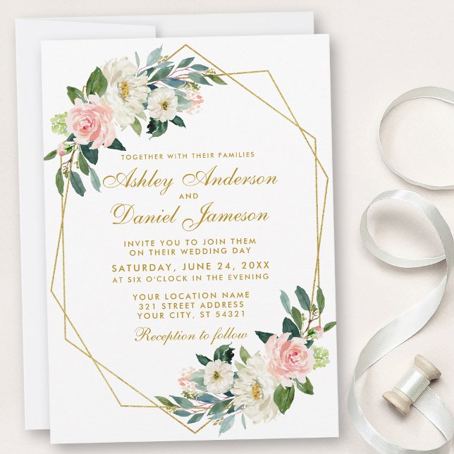 Modern Blommigt Rosa Guld Geometric Ram Bröllop Inbjudningar (Customize to change text size, style or text color.)