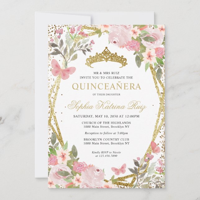Modern Blommigt  Rosa Guld Tiara Quinceañera Inbjudningar (Framsida)
