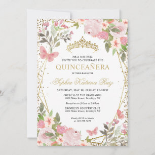 Modern Blommigt  Rosa Guld Tiara Quinceañera Inbjudningar