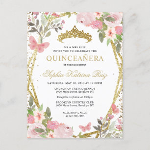 Modern Blommigt Rosa Guld Tiara Quinceañera Vykort