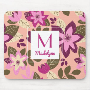 Modern Blommigt Rosa Orange Mönster Monogram Musmatta