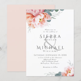 Modern Blommigt Rosa Peach Peony Bröllop Inbjudningar