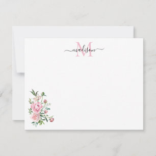 Modern Blommigt, Rosa, vattenfärg Ro Monogram Anteckningskort