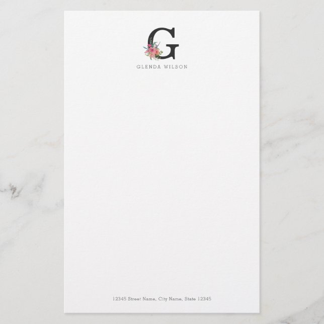 Modern Blommigt Rosa Watercolor Ro Monogram Brevpapper (Framsida)