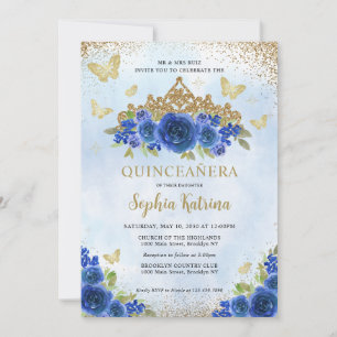 Modern Blommigt Royal Blue Guld Tiara Quinceañera Inbjudningar