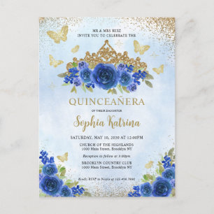 Modern Blommigt Royal Blue Guld Tiara Quinceañera Vykort
