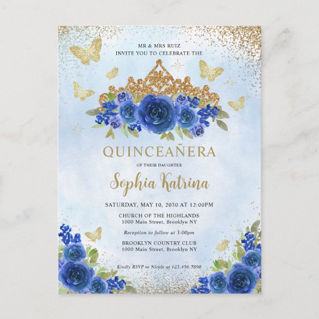 Modern Blommigt Royal Blue Guld Tiara Quinceañera Vykort (Framsida)