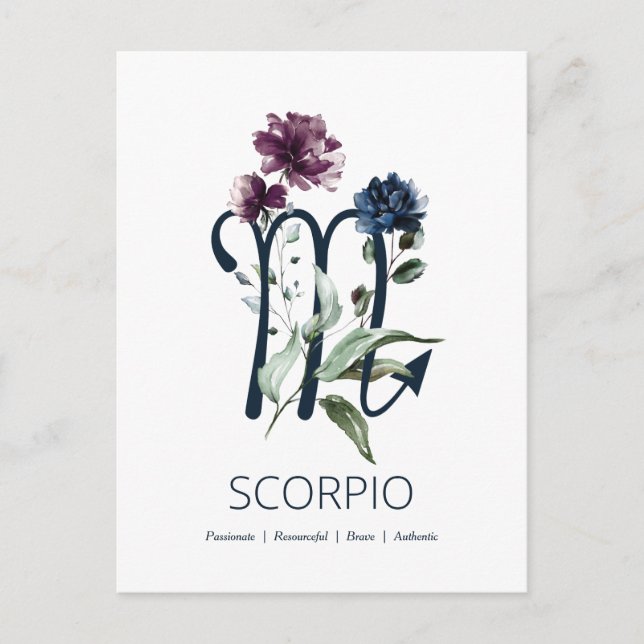 Modern Blommigt Scorpio Zodiac-symbol Vykort (Framsida)