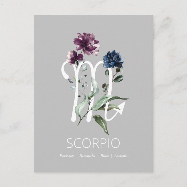 Modern Blommigt Scorpio Zodiac Symbol Vykort (Framsida)