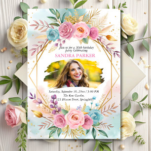Modern Blommigt Script Snyggt Photo Chic Birthday Inbjudningar