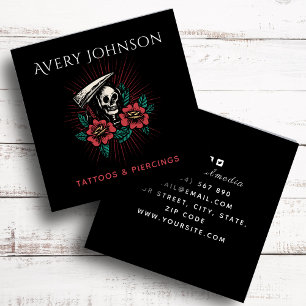 Modern Blommigt Skeleton för Tattoo & Piercing Sca Fyrkantigt Visitkort