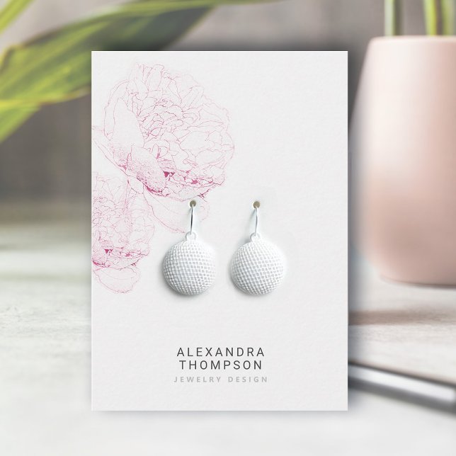 Modern Blommigt Sketch Jewelry Visning med feta pe Visitkort (floral earrings jewelry display card bold pink peonies art sketch modern minimalist elegant template)