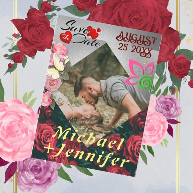 Modern Blommigt Spara Anpassningsbarna Foto Bröllo Inbjudningar (Skapare uppladdad)