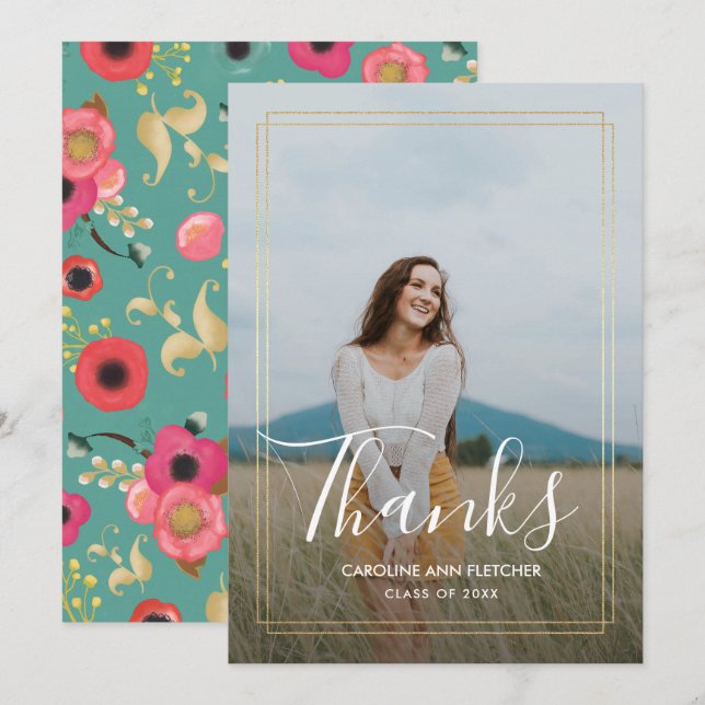 Modern Blommigt Studenten-fotokort för Tack Meddelande (Fram/baksida)